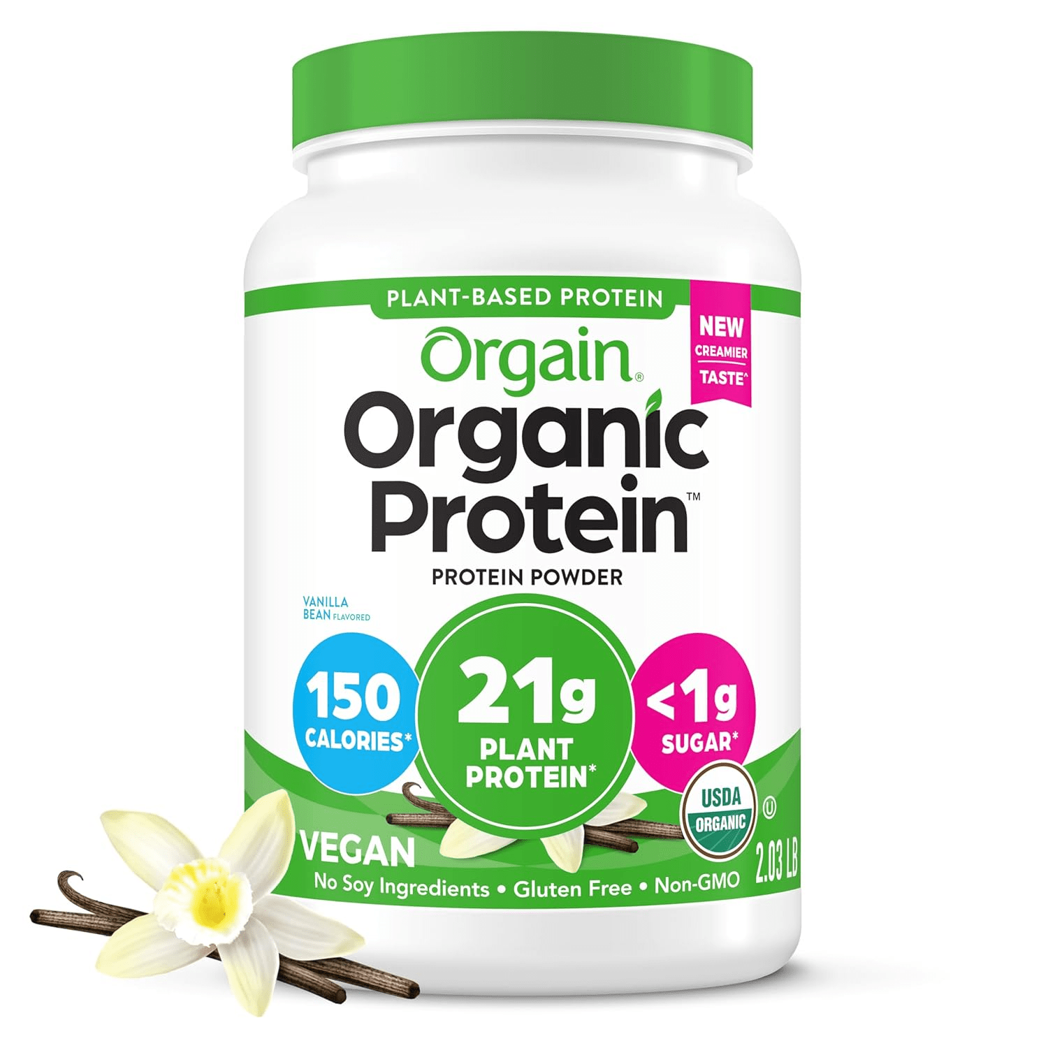 Organic Vegan Protein Powder, Vanilla Bean - 21G Plant Protein, 6G Prebiotic Fiber, No Lactose Ingredients, No Added Sugar, Non-Gmo, for Shakes & Smoothies, 2.03 Lb (Packaging May Vary)