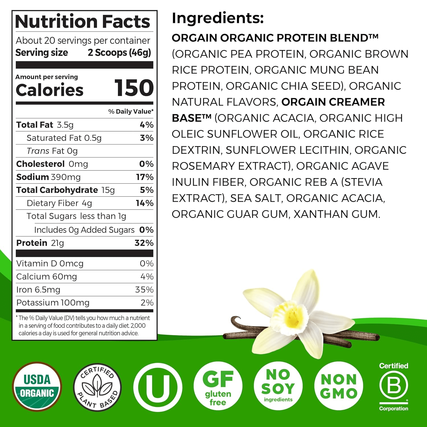 Organic Vegan Protein Powder, Vanilla Bean - 21G Plant Protein, 6G Prebiotic Fiber, No Lactose Ingredients, No Added Sugar, Non-Gmo, for Shakes & Smoothies, 2.03 Lb (Packaging May Vary)